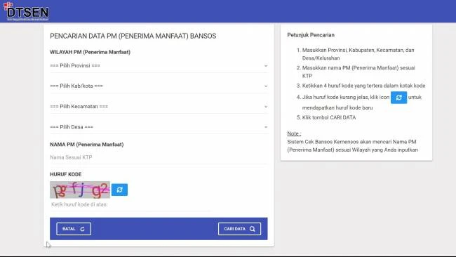 Laman Cek Bansos Kemensos saat ini menampilkan penelusuran menggunakan Data Tunggal Sosial dan Ekonomi Nasional (DTSEN). (Sumber: Kemensos)